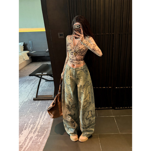 郑小亮个性涂鸦低腰阔腿牛仔裤女2026秋季新款宽松显瘦垂感拖地裤