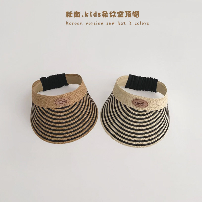 儿童帽子2025新款男童女童夏季草帽条纹皮标防晒空顶帽凉帽