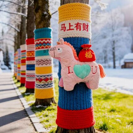 冬季大树毛衣新年毛衣树装饰穿柱子毛衣户外场景布置毛绒编织彩色