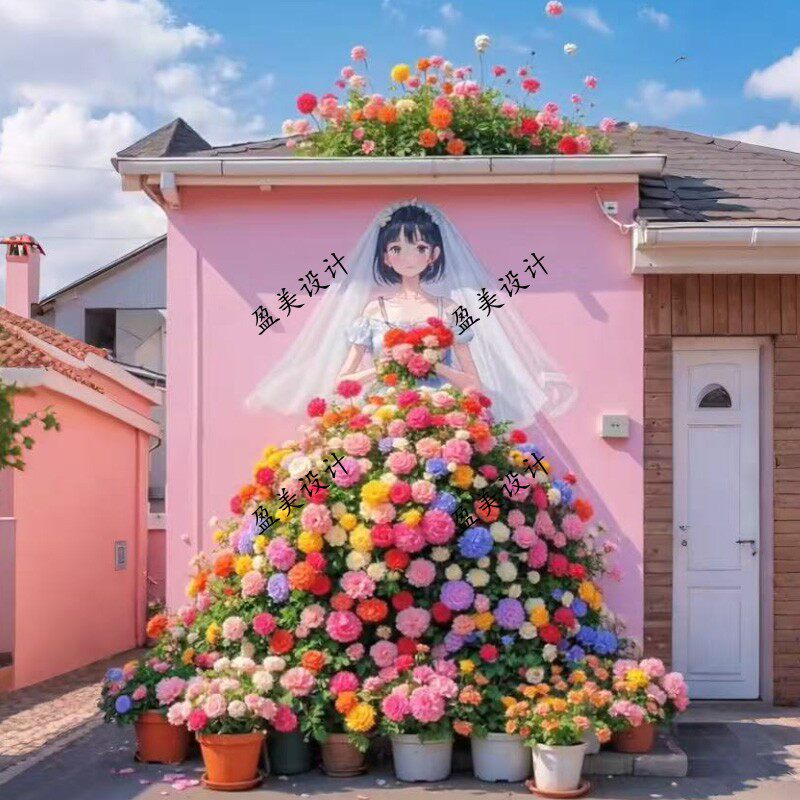 动漫少女墙绘仿真花瀑布户外景区装扮布置套餐