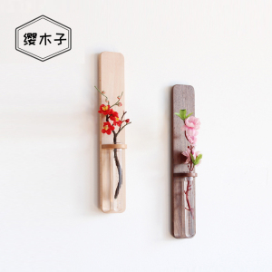 日式壁挂花架免打孔中式实木墙上木艺插花架墙壁简约迷你装饰花架