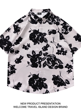 TRAVEL ISLAND 在黑夜中 复古潮牌流行黑色植物印花短袖沙滩衬衫