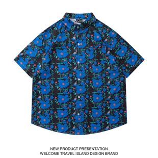 TRAVEL ISLAND 顺藤而上 夏季ins复古蓝色花朵满印夏威夷短袖衬衫