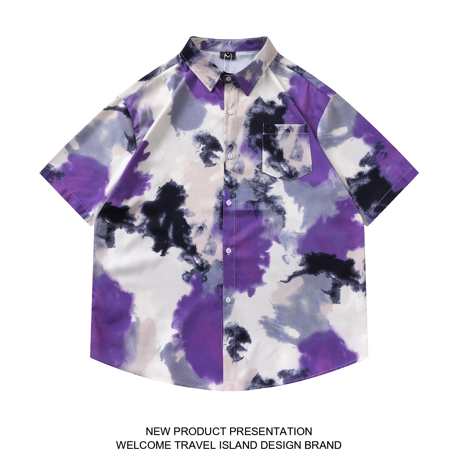 TRAVEL ISLAND 紫色弥漫 原创潮牌复古个性紫色扎染印花短袖衬衫