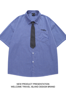 TRAVEL ISLAND 蓝色世界 日系cityboy学院风格子宽松百搭短袖衬衫