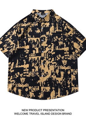 TRAVEL ISLAND 灵魂歌手 复古嘻哈摇滚乐队主题印花短袖衬衫男女