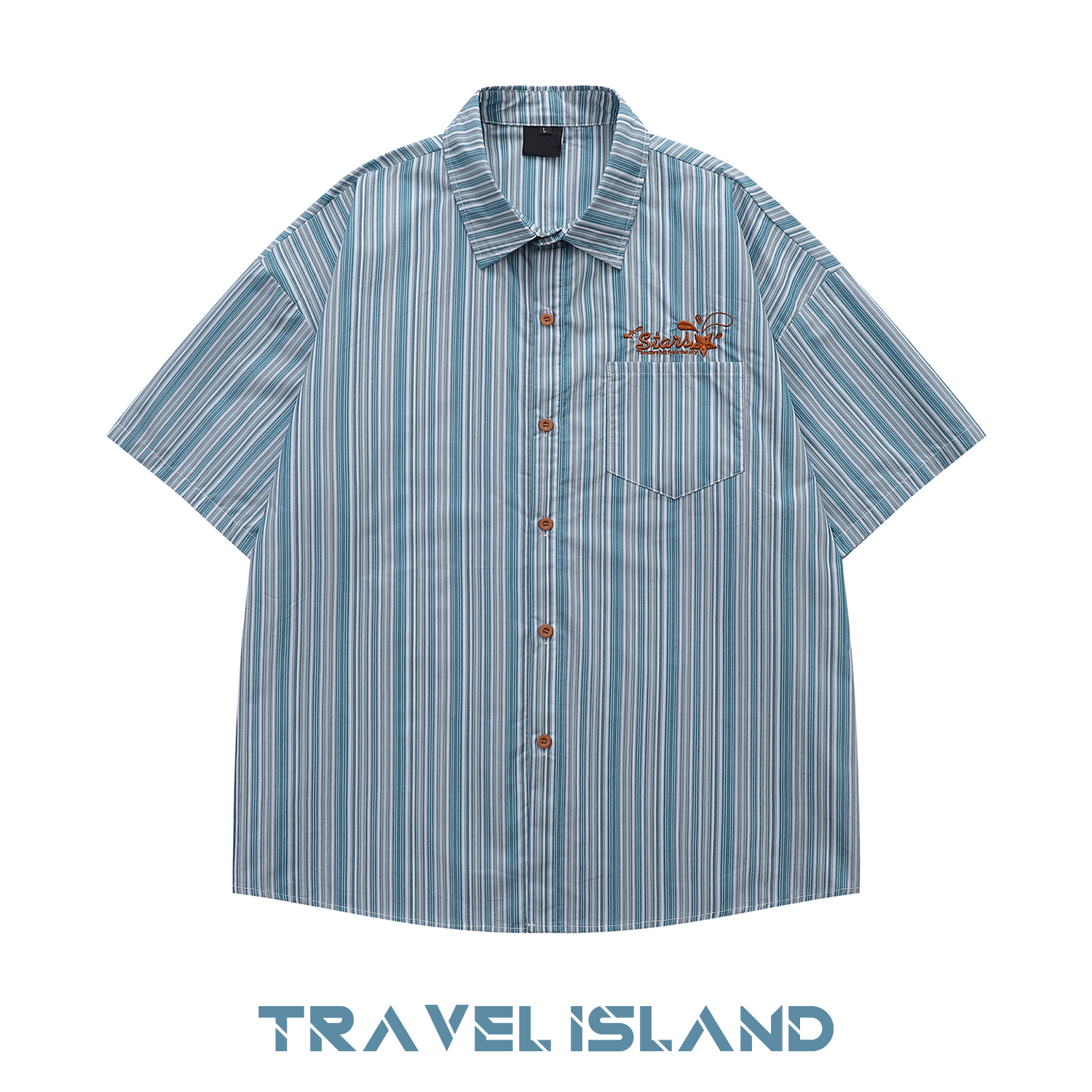 TRAVEL ISLAND 心有灵犀 日系潮牌字母刺绣条纹宽松情侣短袖衬衫
