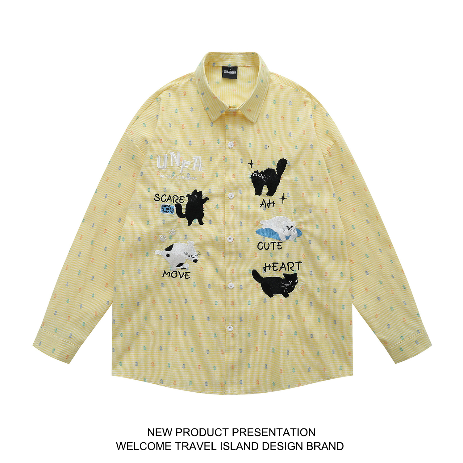 学院风彩点小猫刺绣长袖衬衫