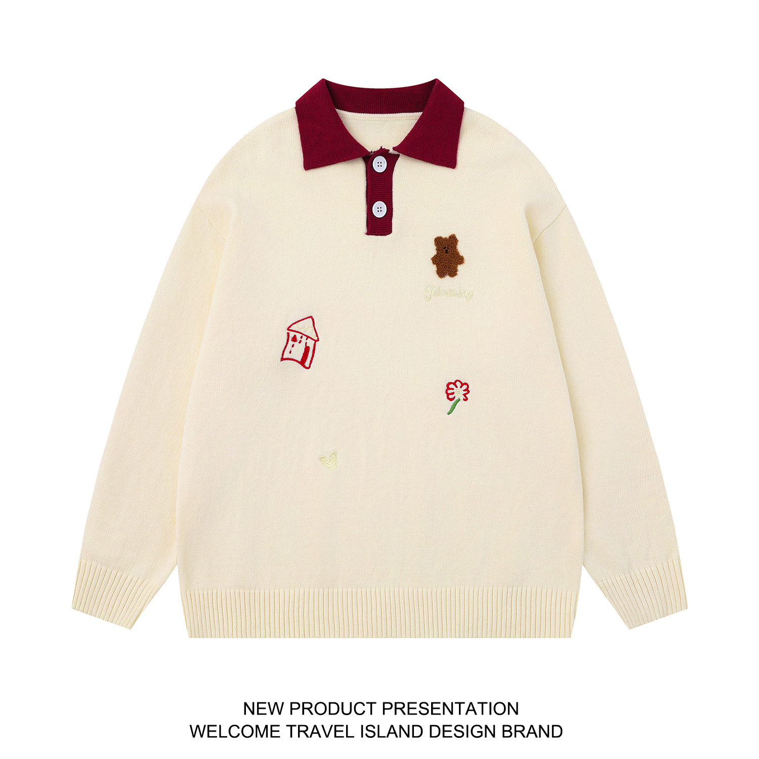 学院风卡通刺绣Polo领毛衣
