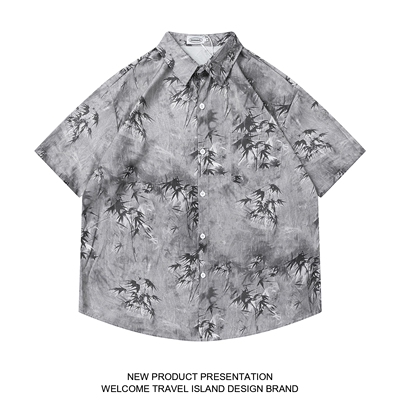 TRAVEL ISLAND 不屈不挠 新中式复古植物竹叶油画印花短袖衬衫