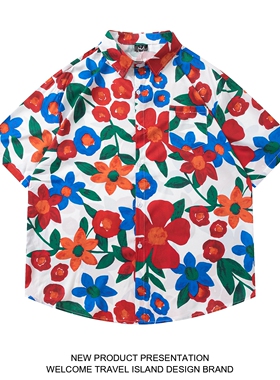 TRAVEL ISLAND 心花怒放 国潮复古绿叶鲜花油画印花海边短袖衬衫