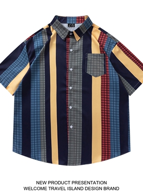 TRAVEL ISLAND 安闲自得 日系复古拼色格子条纹短袖百搭翻领衬衫