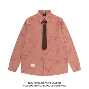 TRAVEL ISLAND 清风南枝 新中式复古枝叶印花灯芯绒领带长袖衬衫