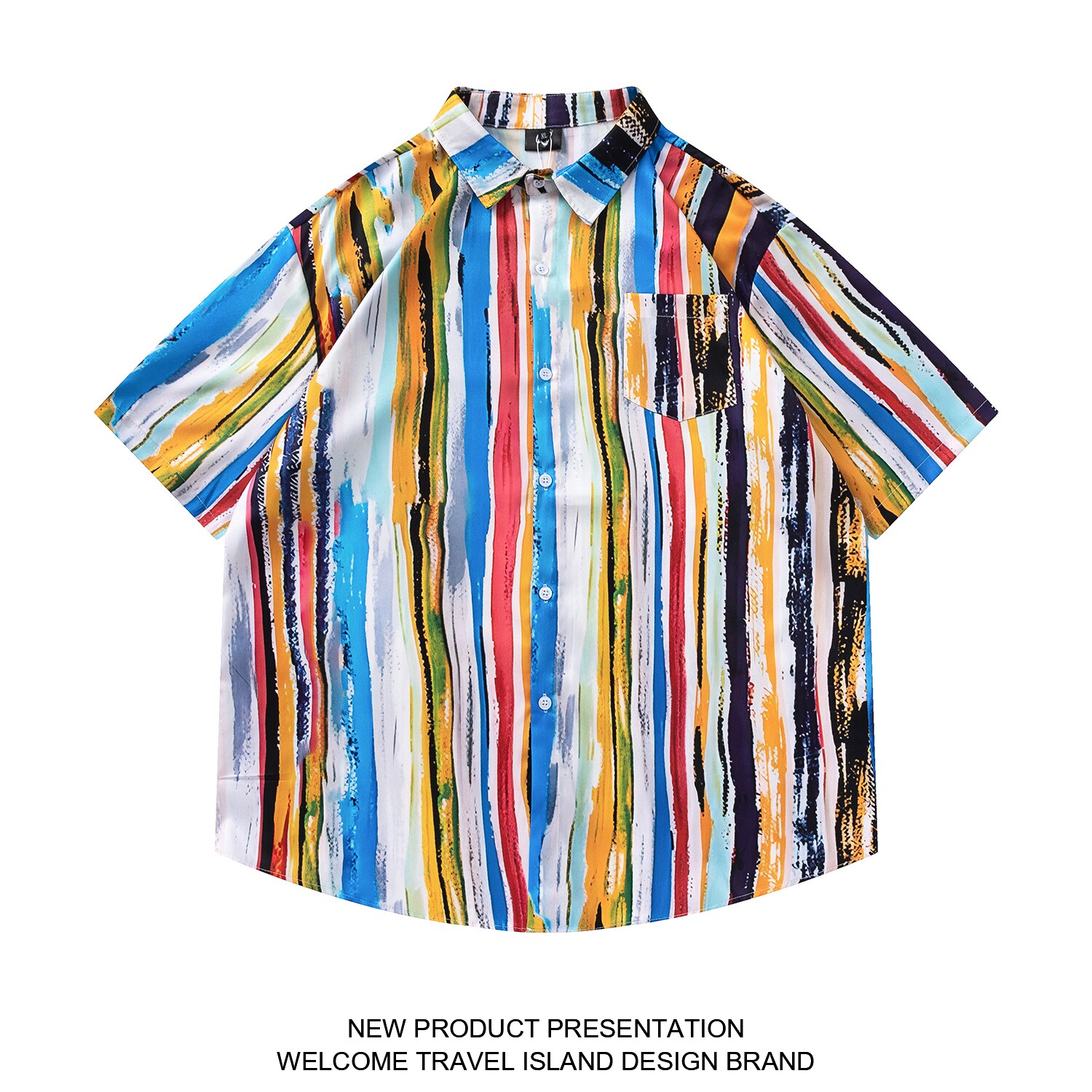 TRAVEL ISLAND 雨后彩虹 原创设计彩色竖条纹涂鸦印花短袖衬衫男