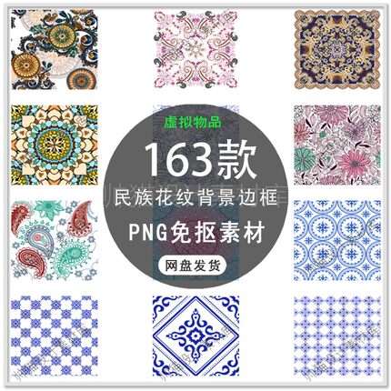 中国民族风圆形复古花纹图案民族边框底纹花纹背景PNG免扣素材