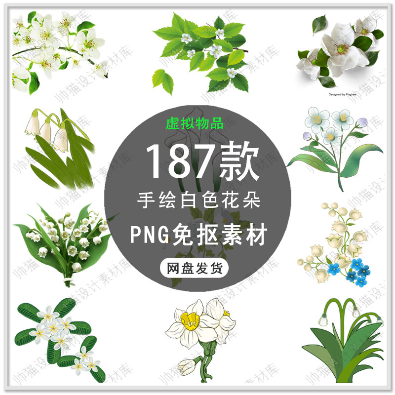 手绘春天花卉白色栀子花花枝栀子花束白色花朵插画png免扣素材