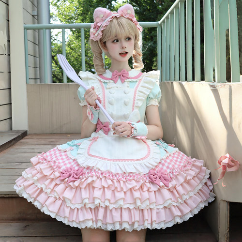 蜜桃白茶原创设计Lolita猫咪玛卡龙女仆围裙洛丽塔蛋糕裙现货掉落