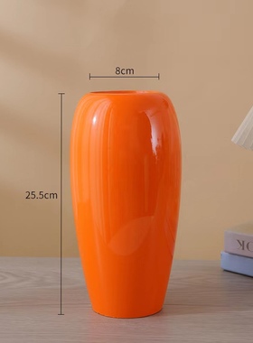 中国风橙色陶瓷花瓶摆件创意客厅玄关银柳干花插花仿真花花艺装饰