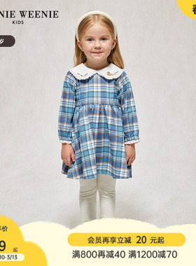 TeenieWeenie Kids小熊童装秋季女宝宝复古蕾丝边翻领格纹连衣裙