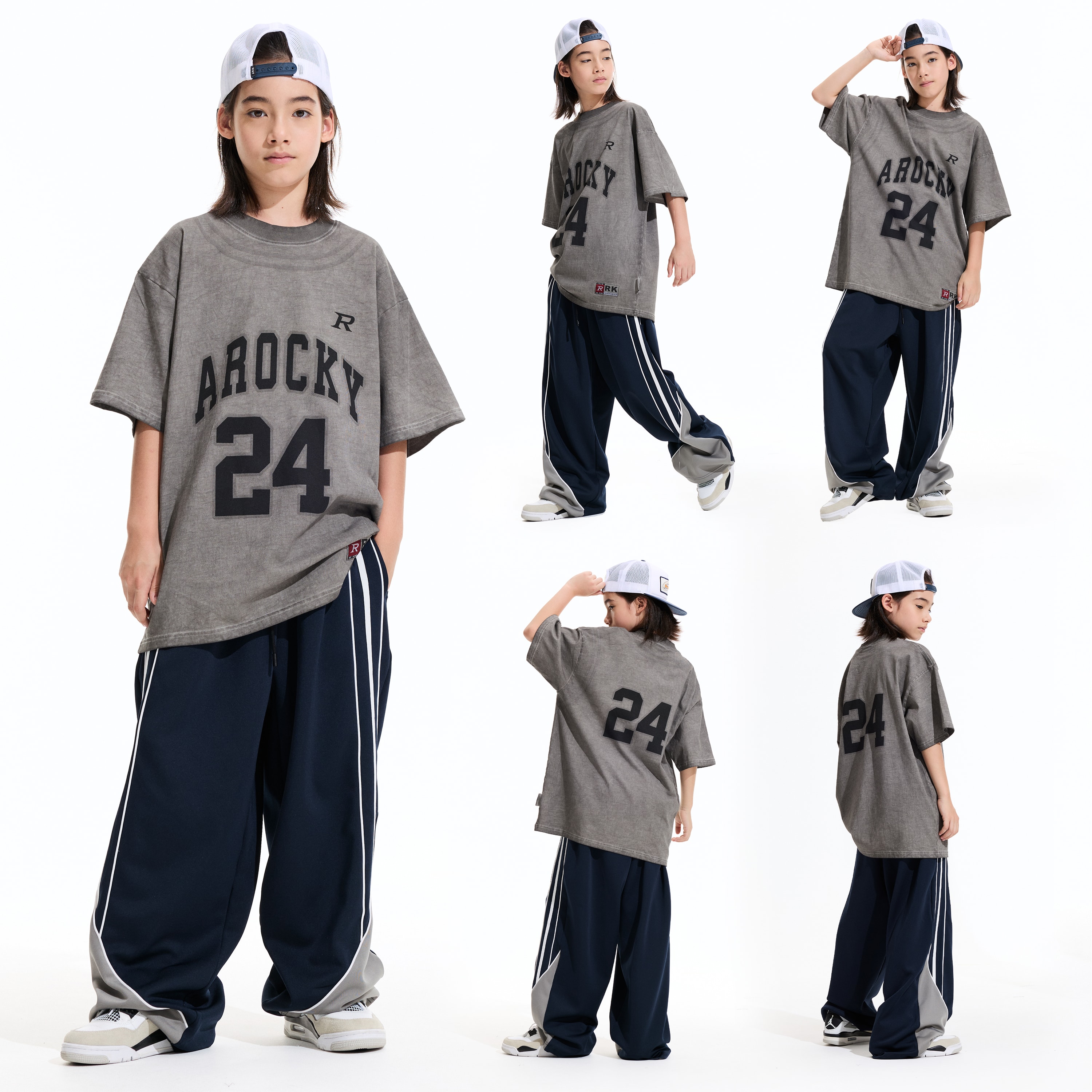 ROCKYROAD童装hiphop街头服装潮牌印花灰色短袖2026年新款纯棉T恤图片