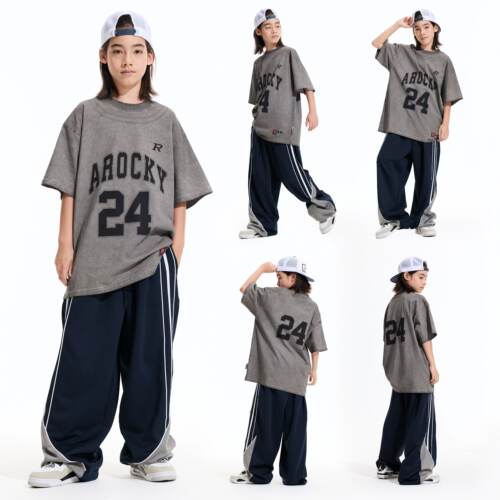 ROCKYROAD童装hiphop街头服装潮牌印花灰色短袖2026年新款纯棉T恤