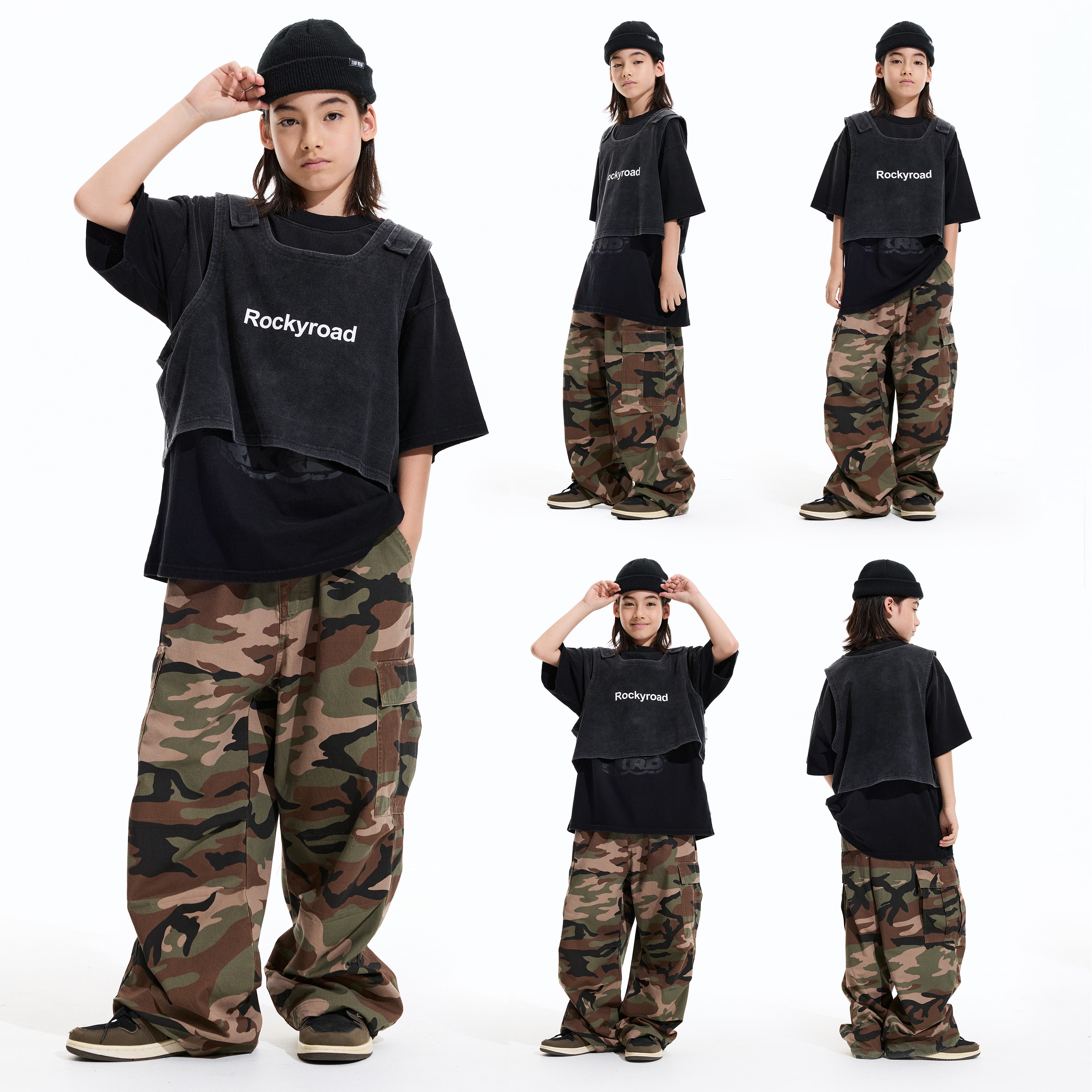 ROCKYROAD童装hiphop街头服装潮牌黑色字母短袖2026年新款纯棉T恤图片