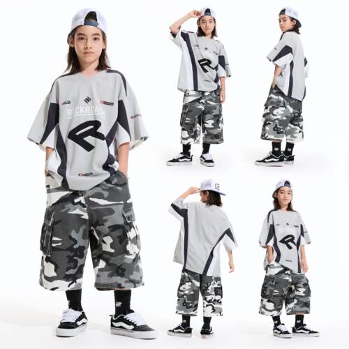 ROCKYROAD童装美式v领拼色图案印花短袖潮牌hiphop街头宽松上衣
