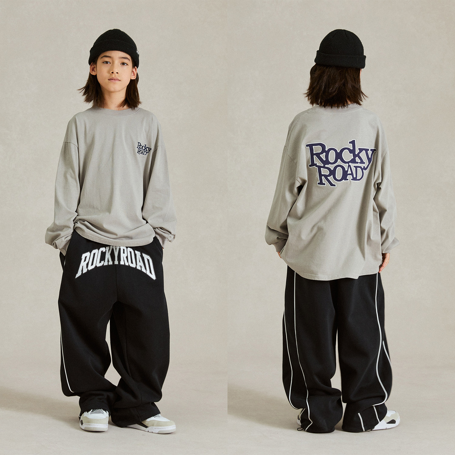 ROCKYROAD童装纯棉美式圆领潮牌内搭套头体恤卫衣休闲黑色卫裤图片