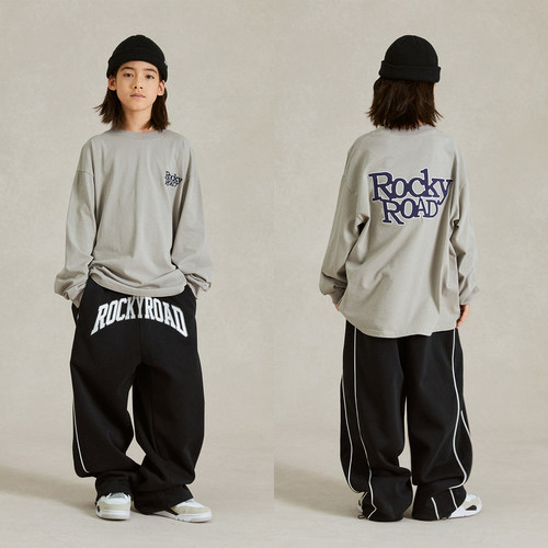 ROCKYROAD童装纯棉美式圆领潮牌内搭套头体恤卫衣休闲黑色卫裤