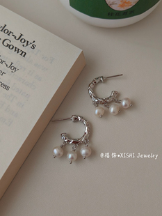「禧饰」S925纯银镀白金巴洛克珍珠耳环简约气质轻奢风