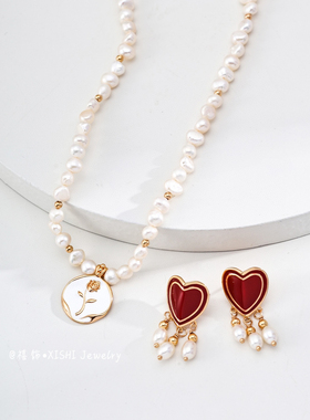 「禧饰」复古简约滴釉玫瑰花吊坠s925巴洛克珍珠锁骨链