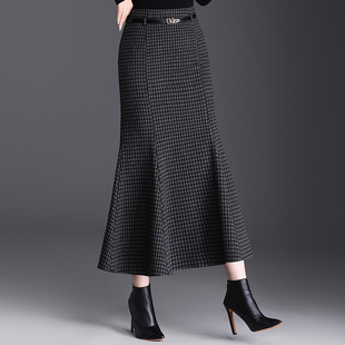 灰色格子鱼尾裙秋冬气质长裙毛呢半裙新款女士裙子冬裙包臀半身裙