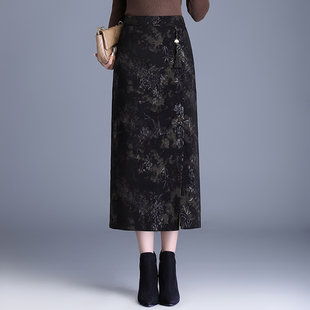 国风长裙直筒裙子开叉一步裙 新款 新中式 提花包臀裙半身裙女秋冬款