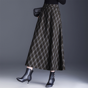 格子毛呢半身裙女秋冬新款 遮胯显瘦裙子冬裙a字长裙大摆半裙 大码