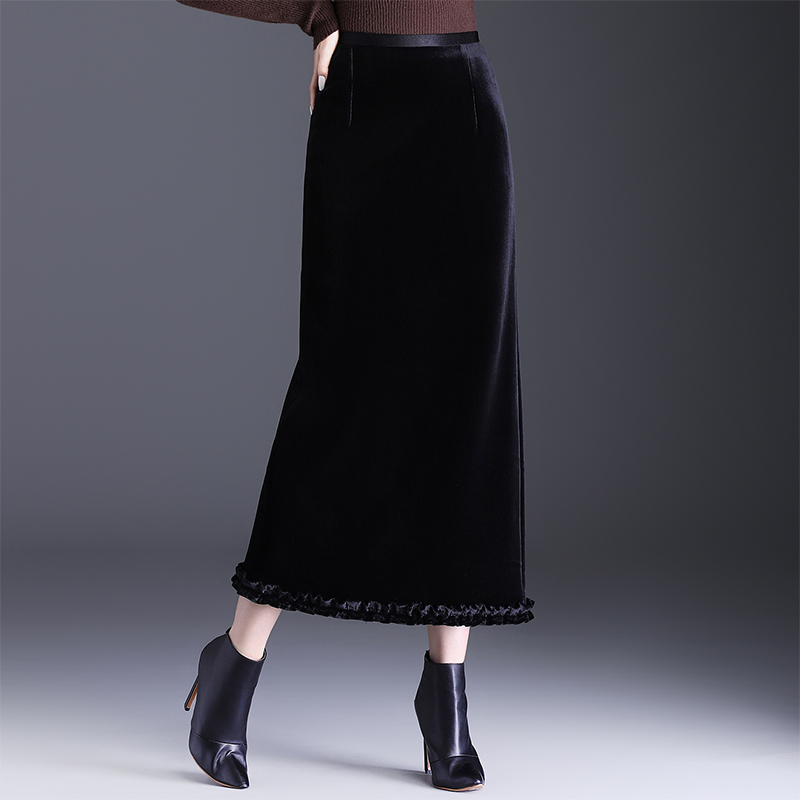 黑色开叉丝绒半身裙女