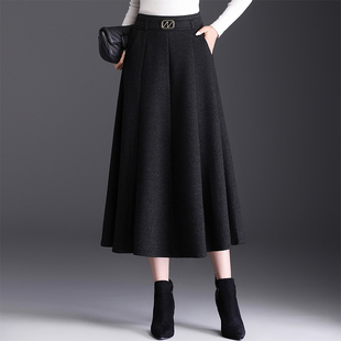 羊毛呢半身裙女秋冬新款 气质长裙遮胯a字裙大摆伞裙休闲裙子冬裙