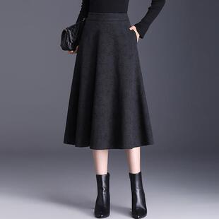 毛呢a字裙高腰显瘦中长款提花秋冬新款半身裙百褶裙大摆呢子伞裙