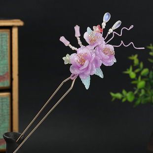 古风发簪琉璃头饰紫色花朵流苏发钗仙气古装配饰盘发簪子汉服头饰