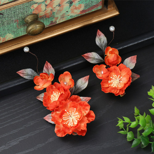古风汉服复古橙色国风花朵对夹百搭甜美仿绒花唐风发夹对夹配饰