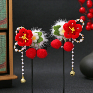 儿童古风头饰绒花花朵发夹中国风汉服女童樱桃毛球宝宝表演发饰品