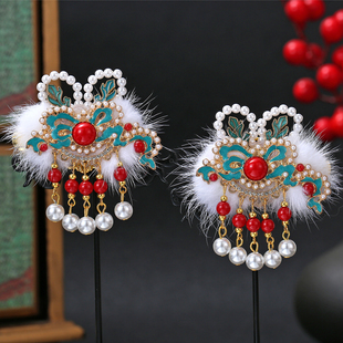 新年醒狮发夹高级感精致儿童边夹国风毛球红色发卡珍珠汉服兔头饰