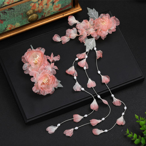 2026春季新款原创设计手工制作粉色渐变流苏花朵发夹妆造烫花发饰