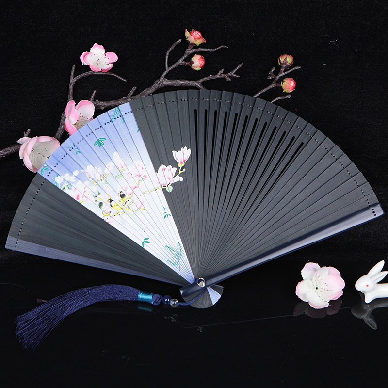 丝艺堂女式雕花镂空工艺折扇 中国风礼品工艺全竹折扇小巧扇子