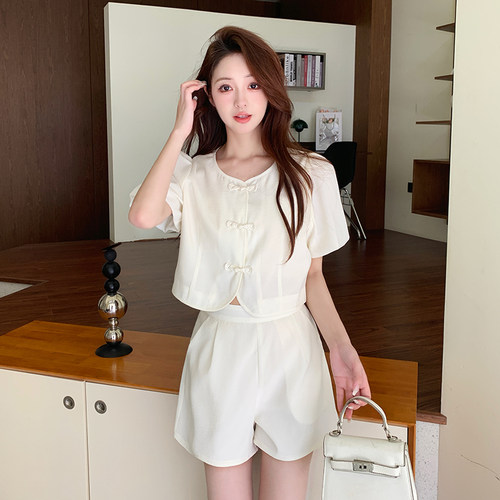 新中式圆领短袖外套阔腿短裤时尚两件套装707p150 k199