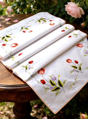 外贸出口法式复古田园纯棉手工刺绣桌布桌旗中古多用垫布45x110cm