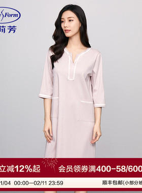 安莉芳专柜新品纯棉圆领中袖睡裙女士花边装饰宽松家居裙EL00720