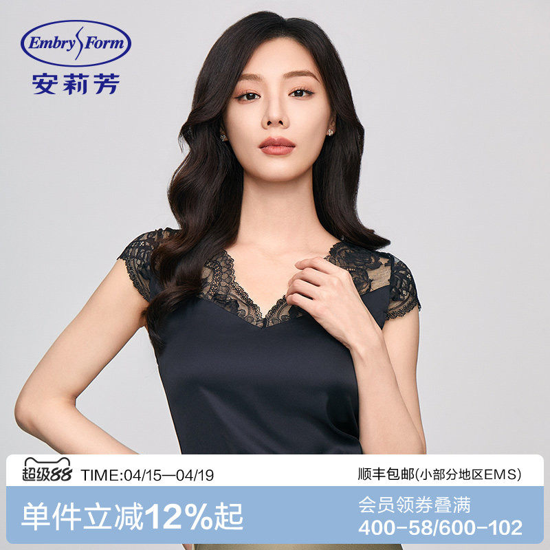 安莉芳专柜新品雪纺短袖蕾丝v领家居上衣女秋季薄款打底衣ED003