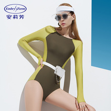 安莉芳商场同款时尚长袖三角连体泳衣女沙滩修身遮肚泳装ES00150