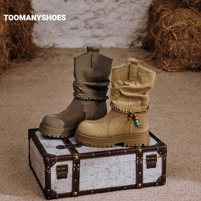 Toomanyshoes秋冬款秋日摩卡游牧风高跟短靴西部骑士靴