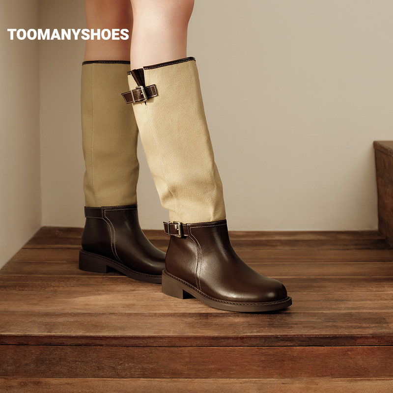 Toomanyshoes26年秋冬款时尚拼图复古骑士长筒靴游牧风西部堆堆靴